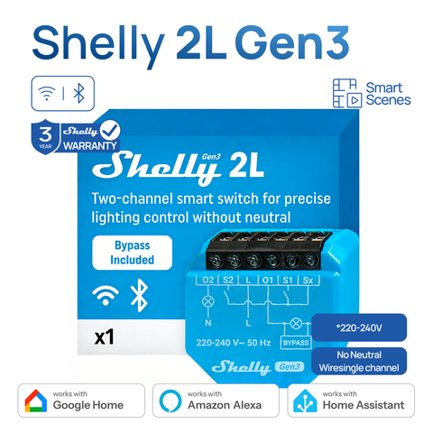 Shelly 2L Gen3 двухканальный выключатель без нейтрали