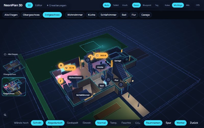 NeonPlan 3D — дом в объёме прямо внутри Home Assistant: лампы светятся своим цветом, шторы двигаются…